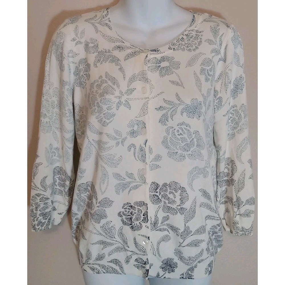 Allie & Rob Women White Blue Black Pattern 3/4 Sleeve Button Down Sweater Size M